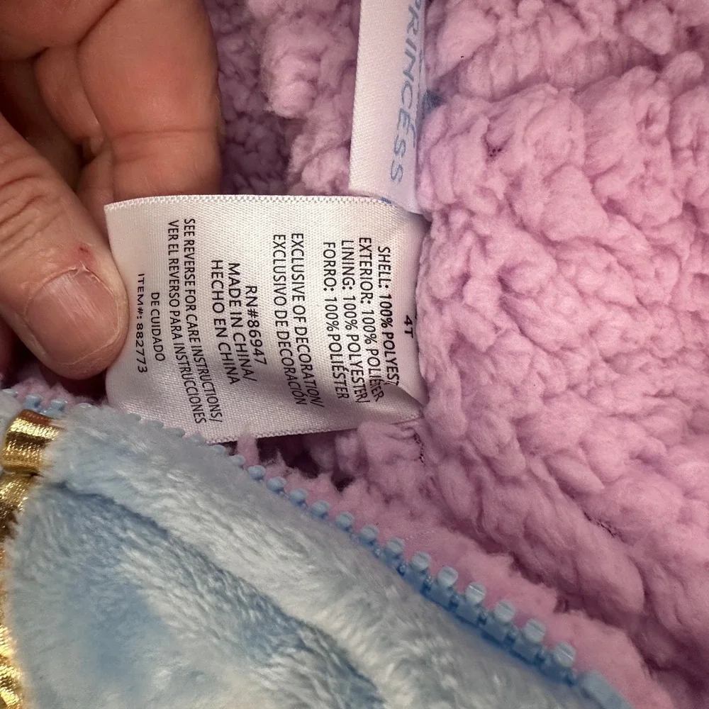 Disney Princess Hooded Plush Jacket Sherpa Lined Blue Girls 4T Zip Hoodie